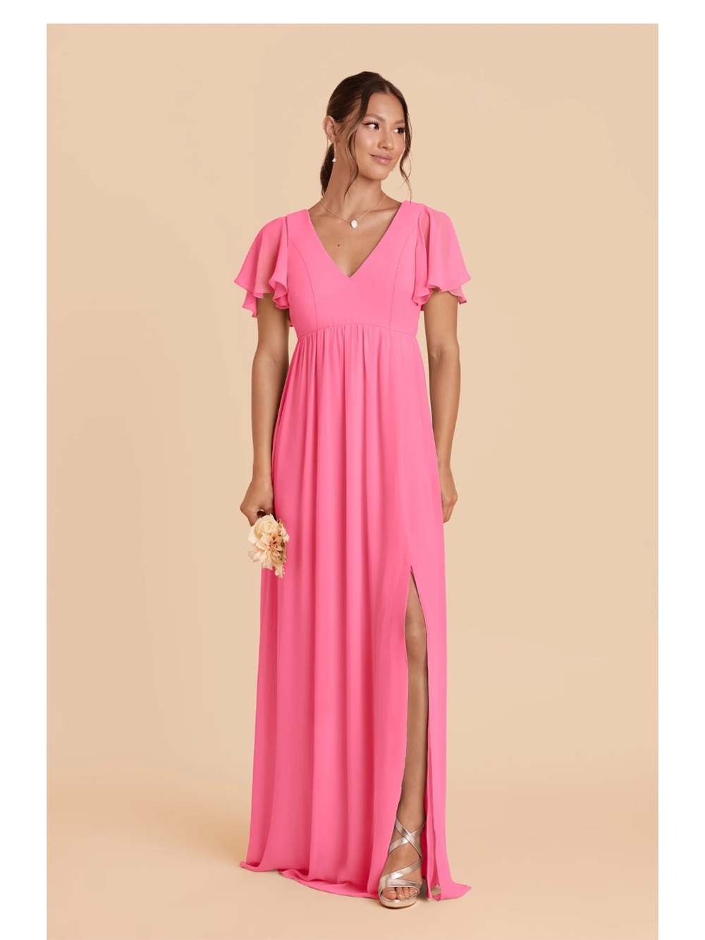 Birdy Grey Hannah Chiffon Bon Bon Pink Flutter-Sleeve V-Neck Maxi Dress- altered